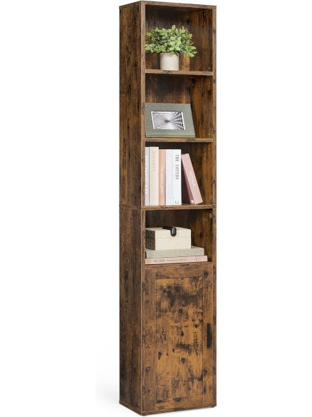 Wysoki regal z 6 poziomami i drzwiami, wolnostojaca biblioteczka do salonu, biura lub jadalni, rustykalny braz