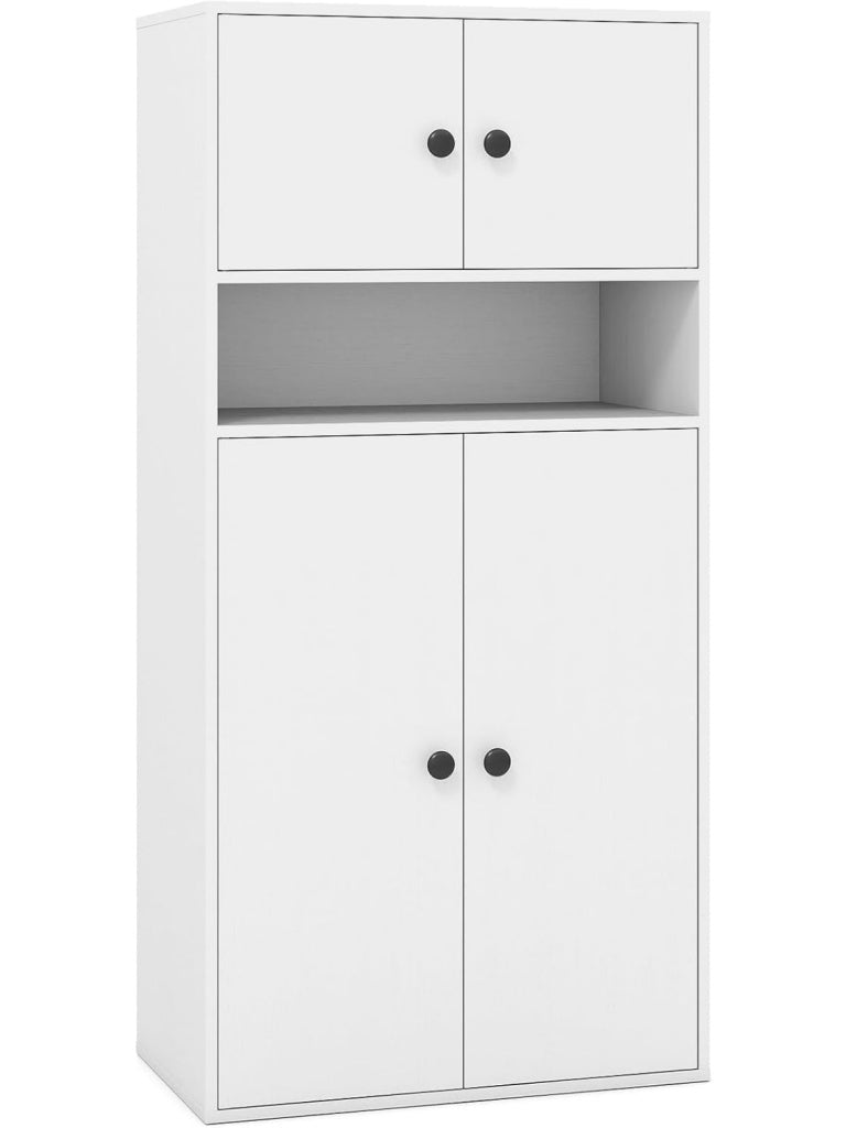 Szafka biblioteczna z 4 drzwiami i regulowanymi polkami, 4-poziomowy regal do przechowywania, witryna do biura i salonu, 54 x 30 x 111 cm, biala