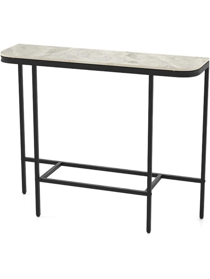 Waski stolik konsolowy z blatem imitujacym marmur, metalowa rama, nowoczesny stol wejsciowy do korytarza, biura i salonu, 110 x 30 x 91 cm, szary