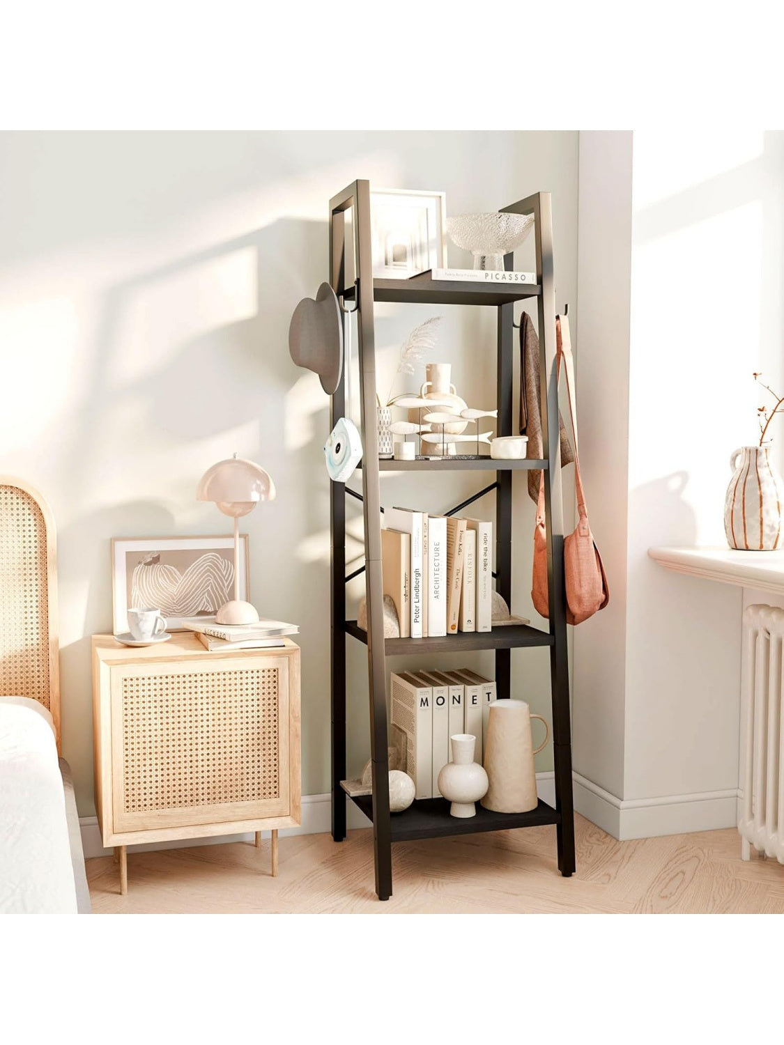 Regal stojacy z 4 poziomami, wysokosc 125 cm, organizer na ksiazki, dekoracje lub rosliny do salonu, kuchni i sypialni, czarny
