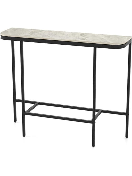 Waski stolik konsolowy z blatem imitujacym marmur, metalowa rama, nowoczesny stol wejsciowy do korytarza, biura i salonu, 110 x 30 x 91 cm, szary